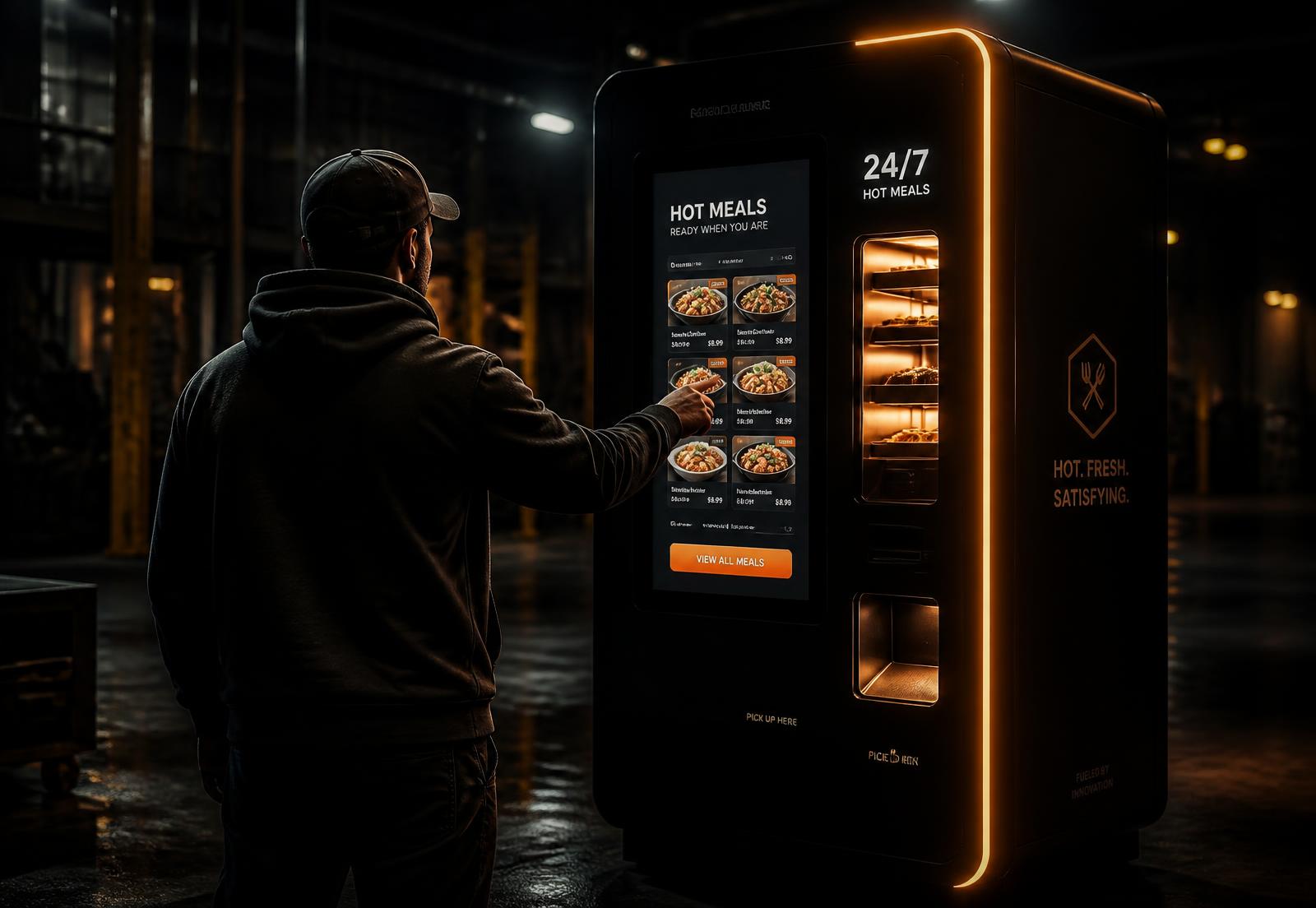 A worker selecting a meal on an AFTER automated hot-meal system inside a facility at night