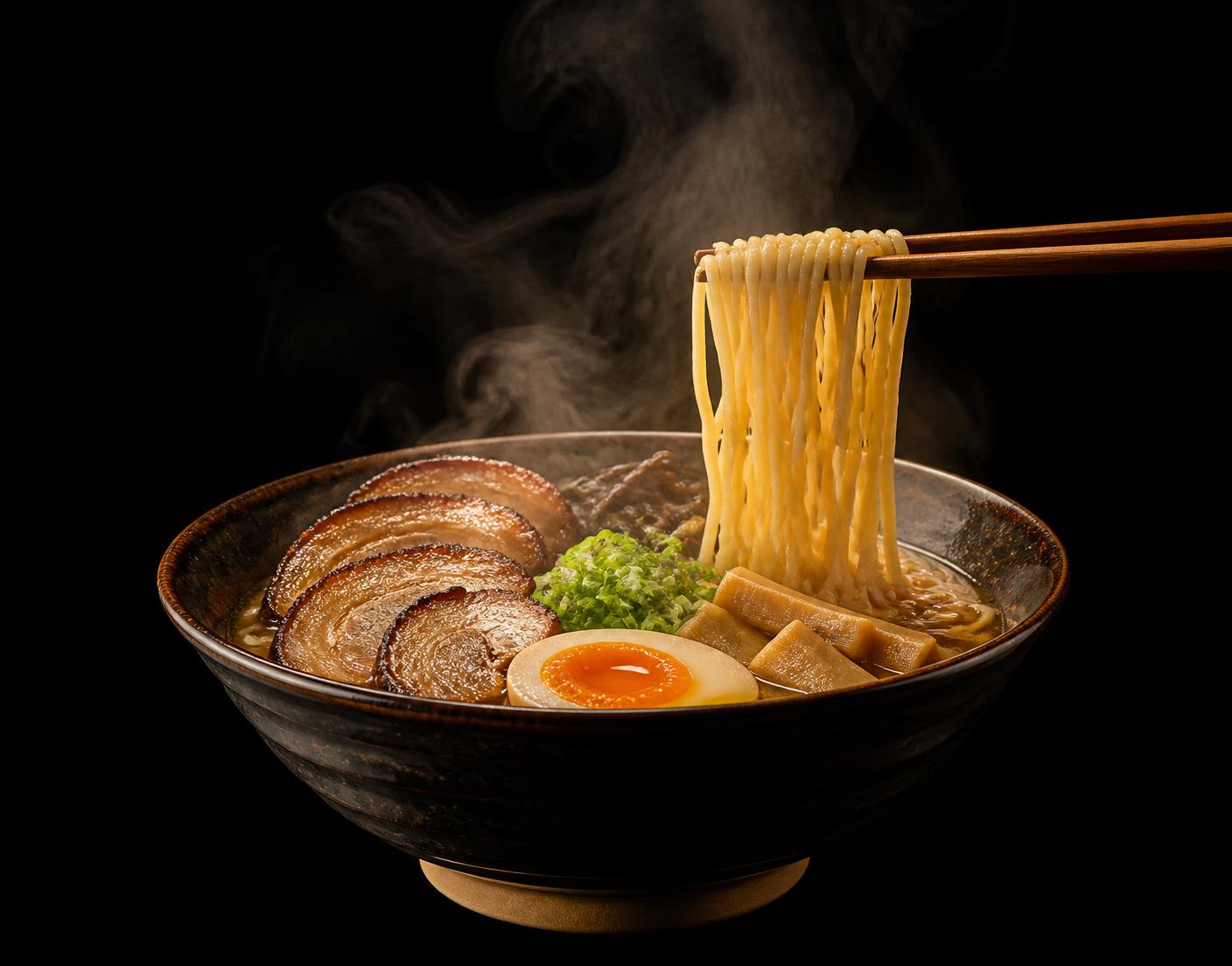 A steaming bowl of ramen with noodles lifted by chopsticks